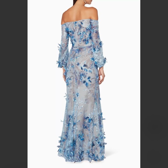 Marchesa Elegant Blue 3D Floral Off-Shoulder Dress - Picture 2 of 4